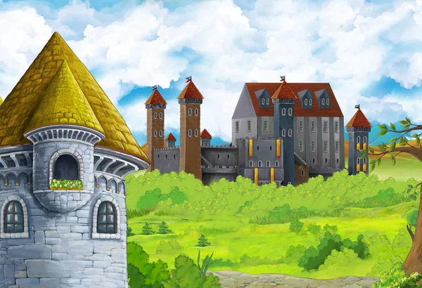 Cartoon-Naturszene mit schöner Burg am Waldrand - Illustration für die Kinder — Stockfoto