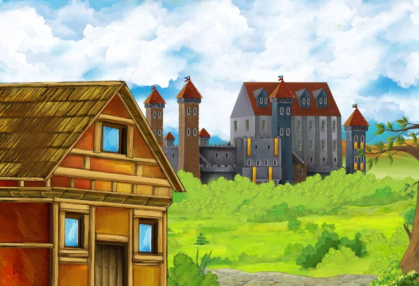 Cartoon-Naturszene mit schöner Burg am Waldrand - Illustration für die Kinder — Stockfoto