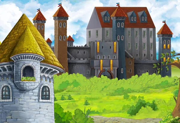 Мультфильм о природе с красивым замком возле леса - иллюстрация для детей — стоковое фото