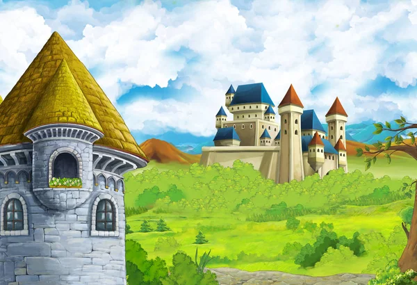 Kreskówkowa scena natury z pięknym zamkiem w pobliżu lasu - ilustracja dla dzieci — Zdjęcie stockowe