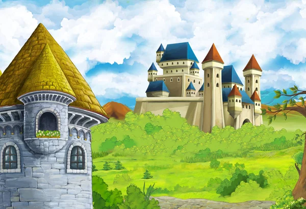 Cartoon-Naturszene mit schöner Burg am Waldrand - Illustration für die Kinder — Stockfoto