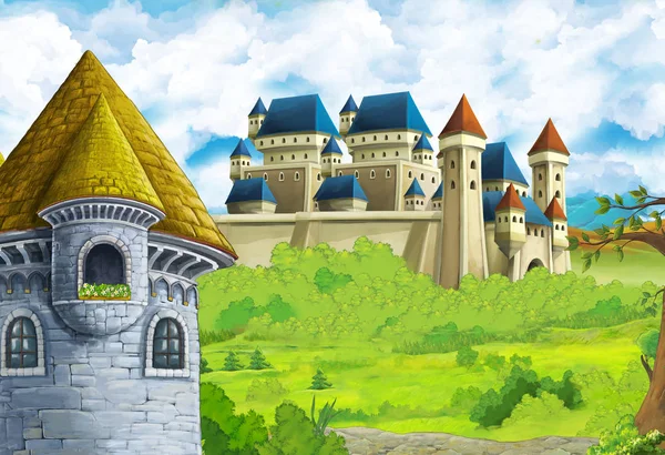 Dessin animé scène de nature avec beau château près de la forêt - illustration pour les enfants — Photo