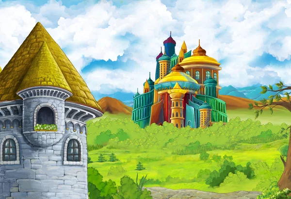 Dibujos animados escena de la naturaleza con hermoso castillo cerca del bosque - ilustración para los niños — Foto de Stock