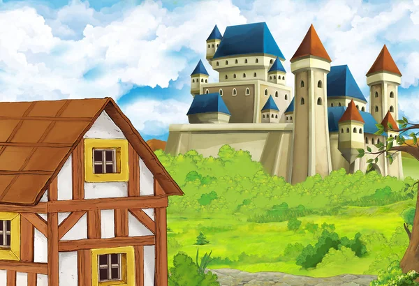 Dessin animé scène de nature avec beau château près de la forêt - illustration pour les enfants — Photo