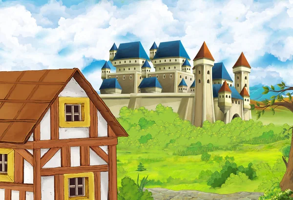 Dessin animé scène de nature avec beau château près de la forêt - illustration pour les enfants — Photo