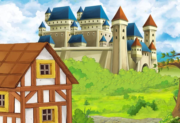 Dibujos animados escena de la naturaleza con hermoso castillo cerca del bosque - ilustración para los niños — Foto de Stock