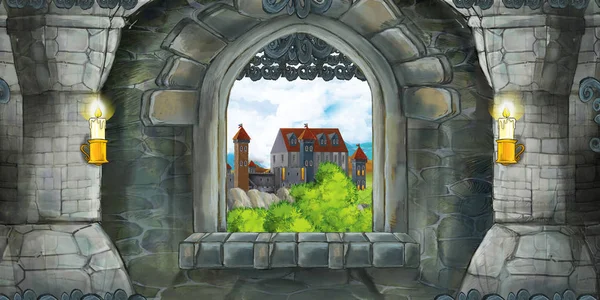 Cartoon scene of medieval castle interior with window with view on some other castle - illustration for children