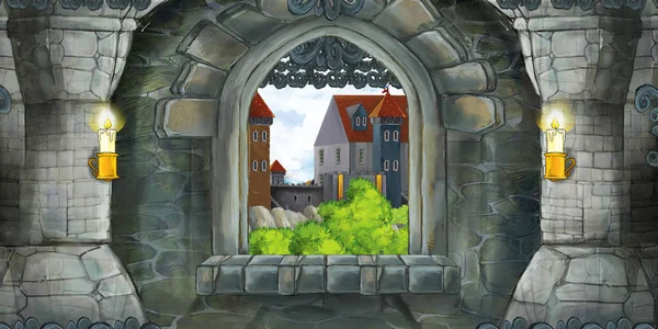 Rajzfilm jelenet középkori kastély belső ablaka kilátással néhány más vár - illusztráció gyerekeknek — Stock Fotó