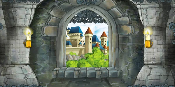 Zeichentrickszene des mittelalterlichen Burginnenraums mit Fenster mit Blick auf eine andere Burg - Illustration für Kinder — Stockfoto