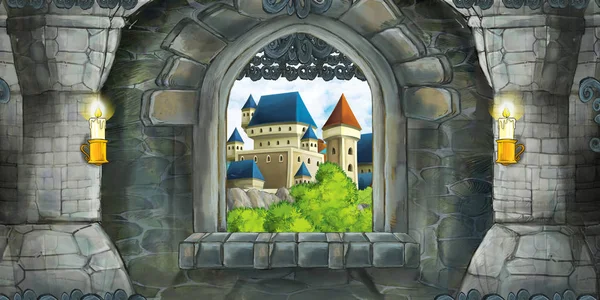 Escena de dibujos animados del interior del castillo medieval con ventana con vista a algún otro castillo - ilustración para niños —  Fotos de Stock