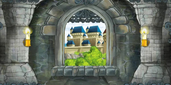 Cartoon scene of medieval castle interior with window with view on some other castle - illustration for children — Stock Photo, Image