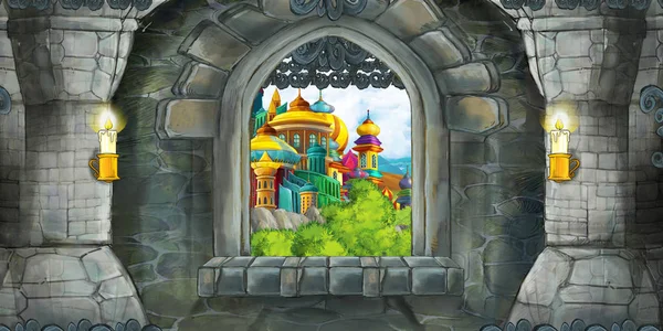Cena dos desenhos animados do interior do castelo medieval com janela com vista sobre algum outro castelo - ilustração para crianças — Fotografia de Stock