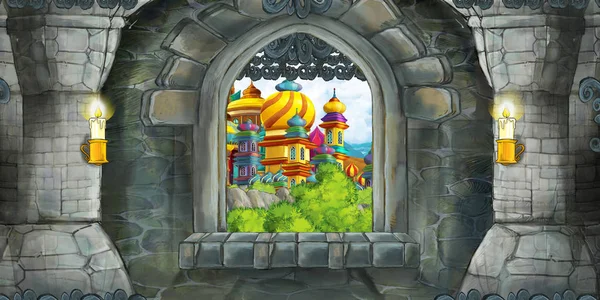 Cartoon scene of medieval castle interior with window with view on some other castle - illustration for children — Stock Photo, Image