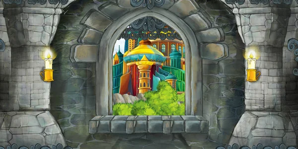 Scena dei cartoni animati dell'interno medievale del castello con finestra con vista su qualche altro castello - illustrazione per bambini — Foto Stock