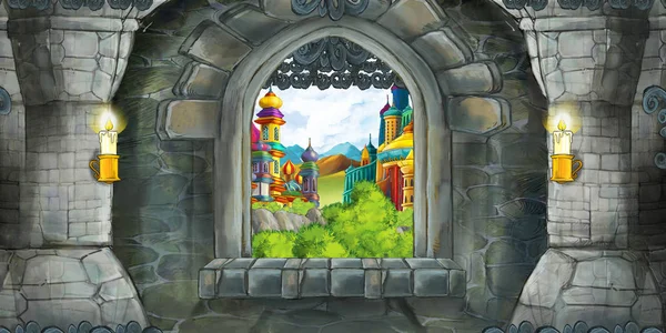 Cartoon scene of medieval castle interior with window with view on some other castle - illustration for children — Stock Photo, Image