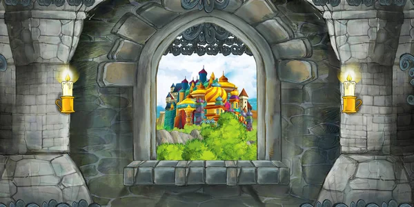 Scène de dessin animé de l'intérieur du château médiéval avec fenêtre avec vue sur un autre château - illustration pour enfants — Photo