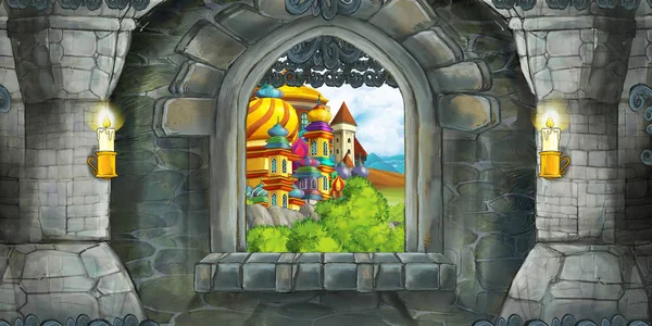 Escena de dibujos animados del interior del castillo medieval con ventana con vista a algún otro castillo - ilustración para niños — Foto de Stock