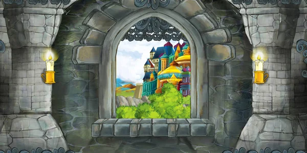 Scena dei cartoni animati dell'interno medievale del castello con finestra con vista su qualche altro castello - illustrazione per bambini — Foto Stock