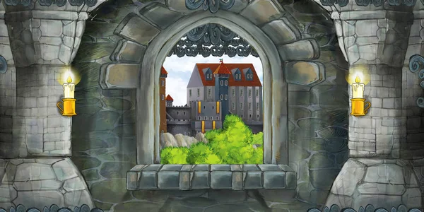 Scène de dessin animé de l'intérieur du château médiéval avec fenêtre avec vue sur un autre château - illustration pour enfants — Photo