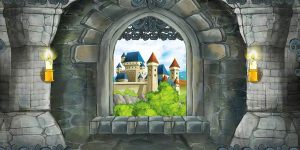 Zeichentrickszene des mittelalterlichen Burginnenraums mit Fenster mit Blick auf eine andere Burg - Illustration für Kinder — Stockfoto