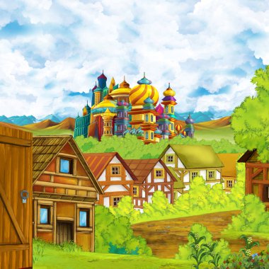 Karikatür sahnesi, krallık şatosu ve dağ vadisi, orman ve çiftlik köyü yakınlarındaki çocuklar için illüstrasyon.
