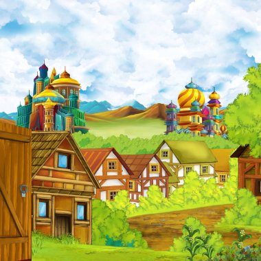 Karikatür sahnesi, krallık şatosu ve dağ vadisi, orman ve çiftlik köyü yakınlarındaki çocuklar için illüstrasyon.