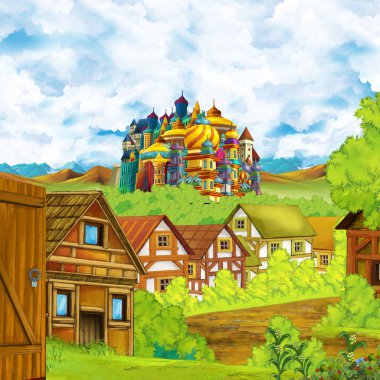 Karikatür sahnesi, krallık şatosu ve dağ vadisi, orman ve çiftlik köyü yakınlarındaki çocuklar için illüstrasyon.