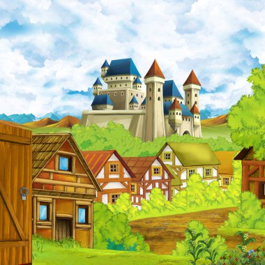 Karikatür sahnesi, krallık şatosu ve dağ vadisi, orman ve çiftlik köyü yakınlarındaki çocuklar için illüstrasyon.