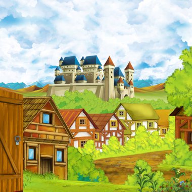 Karikatür sahnesi, krallık şatosu ve dağ vadisi, orman ve çiftlik köyü yakınlarındaki çocuklar için illüstrasyon.