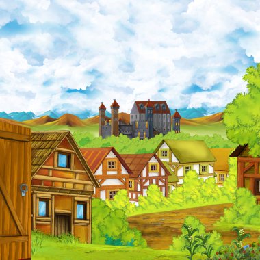 Karikatür sahnesi, krallık şatosu ve dağ vadisi, orman ve çiftlik köyü yakınlarındaki çocuklar için illüstrasyon.