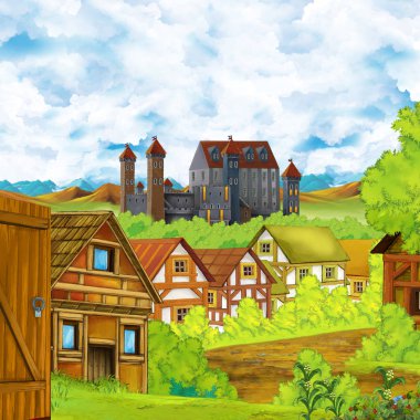 Karikatür sahnesi, krallık şatosu ve dağ vadisi, orman ve çiftlik köyü yakınlarındaki çocuklar için illüstrasyon.