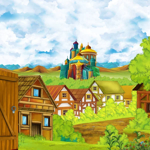 Cartoon scene with kingdom castle and mountains valley near the forest and farm village settlement illustration for children — Stock Photo, Image