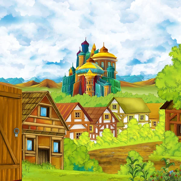 Rajzfilm jelenet királyság kastély és hegyek völgy közel az erdő és farm falu település illusztráció gyerekeknek — Stock Fotó
