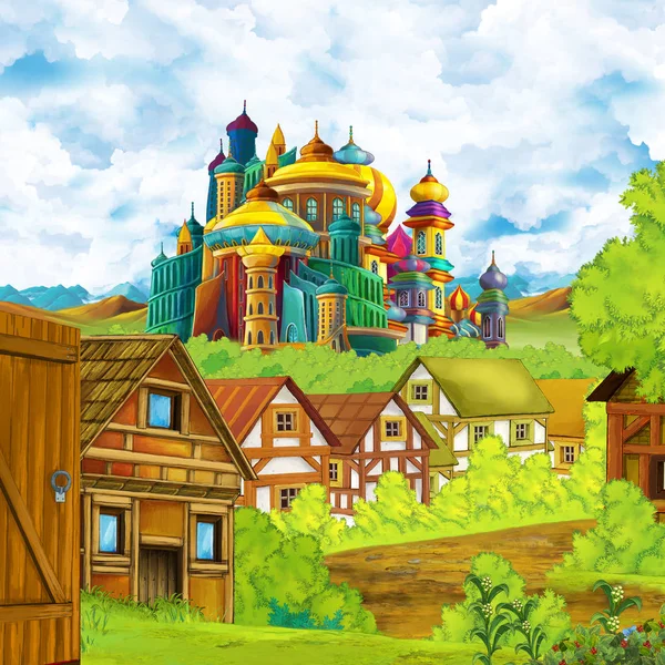 Cartoon scene with kingdom castle and mountains valley near the forest and farm village settlement illustration for children — Stock Photo, Image