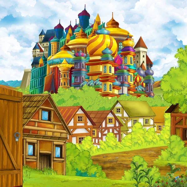 Zeichentrickszene mit Königsschloss und Bergtal in der Nähe der Wald- und Bauerndorf-Siedlung Illustration für Kinder — Stockfoto