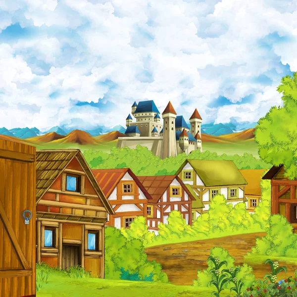 Cartoon scene with kingdom castle and mountains valley near the forest and farm village settlement illustration for children — Stock Photo, Image