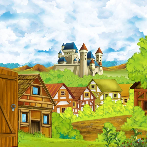Cartoon scene with kingdom castle and mountains valley near the forest and farm village settlement illustration for children — Stock Photo, Image