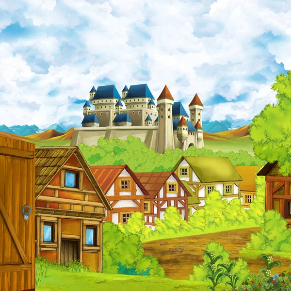 Cartoon scene with kingdom castle and mountains valley near the forest and farm village settlement illustration for children — Stock Photo, Image