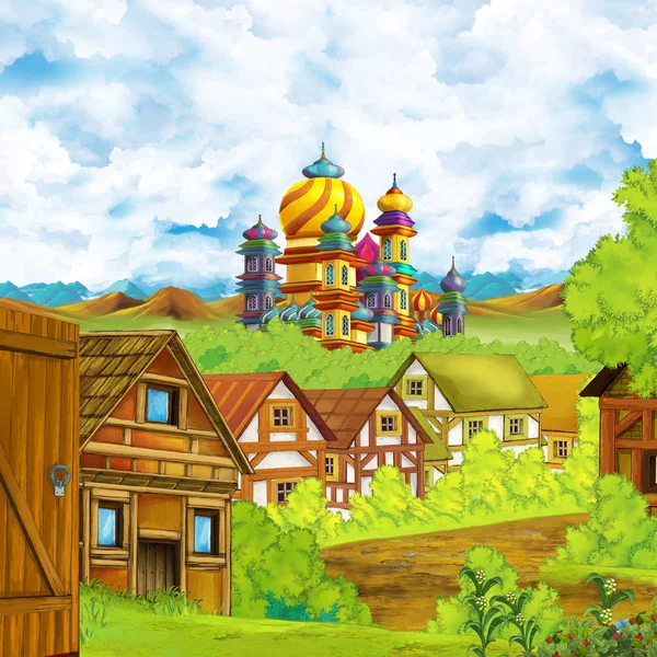 Escena de dibujos animados con castillo reino y valle de las montañas cerca del bosque y granja aldea asentamiento ilustración para los niños —  Fotos de Stock