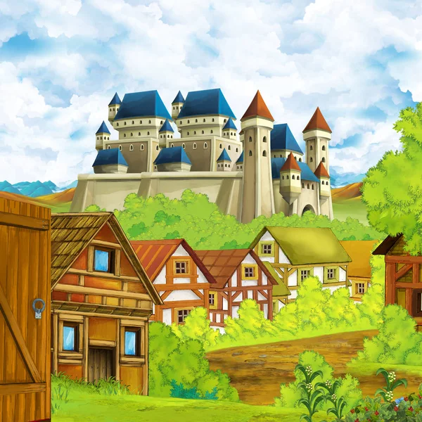 Zeichentrickszene mit Königsschloss und Bergtal in der Nähe der Wald- und Bauerndorf-Siedlung Illustration für Kinder — Stockfoto