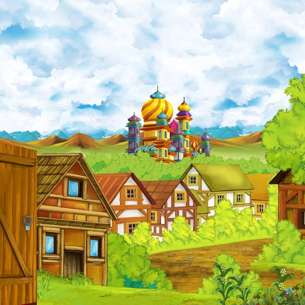 Zeichentrickszene mit Königsschloss und Bergtal in der Nähe der Wald- und Bauerndorf-Siedlung Illustration für Kinder — Stockfoto