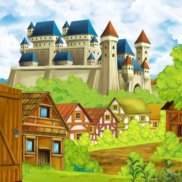 Escena de dibujos animados con castillo reino y valle de las montañas cerca del bosque y granja aldea asentamiento ilustración para los niños —  Fotos de Stock