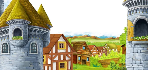 Scène de dessin animé avec château royaume et vallée des montagnes près de la — Photo
