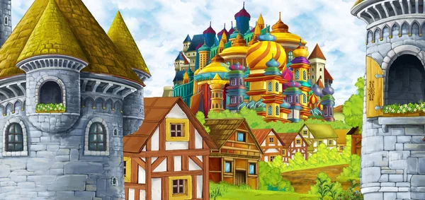 Escena de dibujos animados con castillo reino y valle de las montañas cerca de la — Foto de Stock