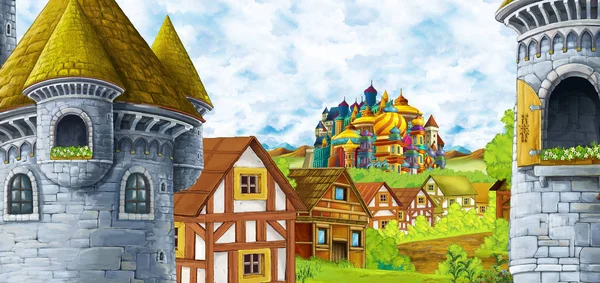 Kreslená scéna s královským hradem a horami údolí v blízkosti — Stock fotografie