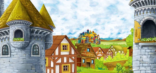 Σκηνή κινουμένων σχεδίων με κάστρο βασίλειο και τα βουνά κοιλάδα κοντά στο — Φωτογραφία Αρχείου