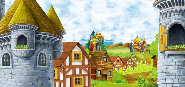 Cartoon scene with kingdom castle and mountains valley near the — Stock Photo, Image