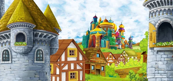 Tecknad scen med rike slott och berg dal nära — Stockfoto