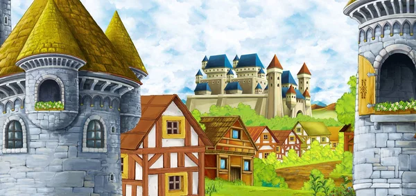Scena kreskówek z zamku królestwa i doliny gór w pobliżu — Zdjęcie stockowe