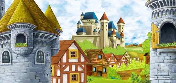 Scena dei cartoni animati con castello regno e montagne valle vicino al — Foto Stock